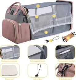 Merkloos Tas Voor Moeders En Vaders Met Uitklapbaar Baby Bedje - Draagbare Box - Rugzak Moeder - Roze - Met Veel Handige Opberg Vakken En USB Oplader - Klamboe - Mummy Bag - Verstelbaar -Tas Kortingswinkel 1134x1200