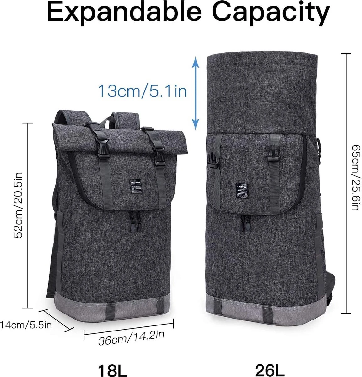 EverVanz Laptop Rugtas Vrouw & Man Roll Top Waterdicht Reizen Wandelen Rugzak Lichtgewicht Casual Dagrugzak Stijlvol Schooltas 5 EverVanz Laptop Rugtas Vrouw & Man Roll Top Waterdicht Reizen Wandelen Rugzak Lichtgewicht Casual Dagrugzak Stijlvol Schooltas - Afbeelding 3