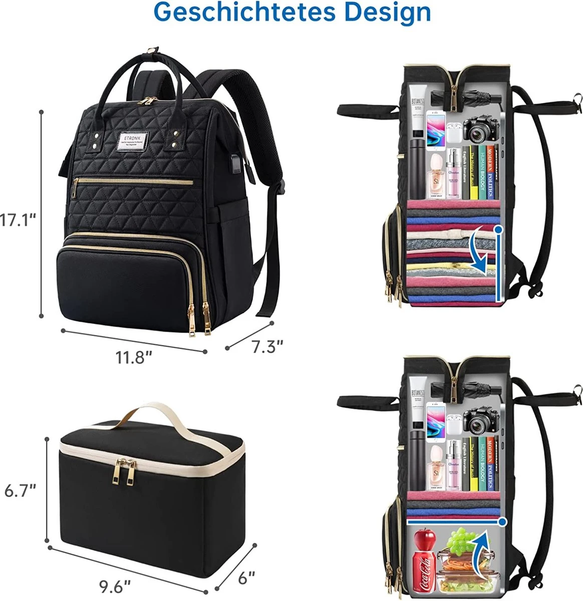 Merkloos ETRONIK Lunch Rugzak Voor Dames, Laptoprugzak, 15,6 Inch Met Geïsoleerde Koeltas, Waterdichte Koelrugzak Met USB-oplaadaansluiting, Koeltas, Lunchtas Voor Dames En Heren, Reizen, Werk, School, Zwart 4 Merkloos ETRONIK Lunch Rugzak Voor Dames, Laptoprugzak, 15,6 Inch Met Geïsoleerde Koeltas, Waterdichte Koelrugzak Met USB-oplaadaansluiting, Koeltas, Lunchtas Voor Dames En Heren, Reizen, Werk, School, Zwart - Afbeelding 2