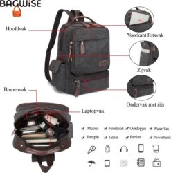 Bagwise® - Rugzak - Canvas - 15 L- Vintage - 13" Inch Laptopvak - Compact Klein -1261 Zwart -Tas Kortingswinkel 1185x1200