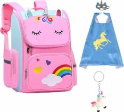 Unicorn Speelgoed - Schooltas Meisje - Unicorn Cape + Masker- 3D Sleutelhanger - Kinderrugzak - Rugtas Meisje - Roze - Blauw - 40 X 27 X 15 Cm