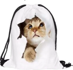 Merkloos Witte Tas Met Trekkoord Poes Kat Kitten. Sporttas Schooltas