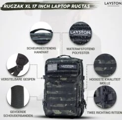 LAYSTON. - 45L Sport School Werk Rugtas - Sport Rugzak - Tactical Backpack - Waterafstotend - Camo Groen -Tas Kortingswinkel 1200x1183 1