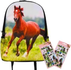 Rugzak Paard- Rugtas Bruin Paard- 42cm X 28cm X 12cm- Incl. Setje Paarden Stickers