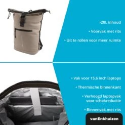 VanEnkhuizen Rolltop Rugzak Met Laptopvak 15,6 Inch - 20 Liter - Waterafstotend En Thermo Materiaal - Taupe -Tas Kortingswinkel 1200x1200 367