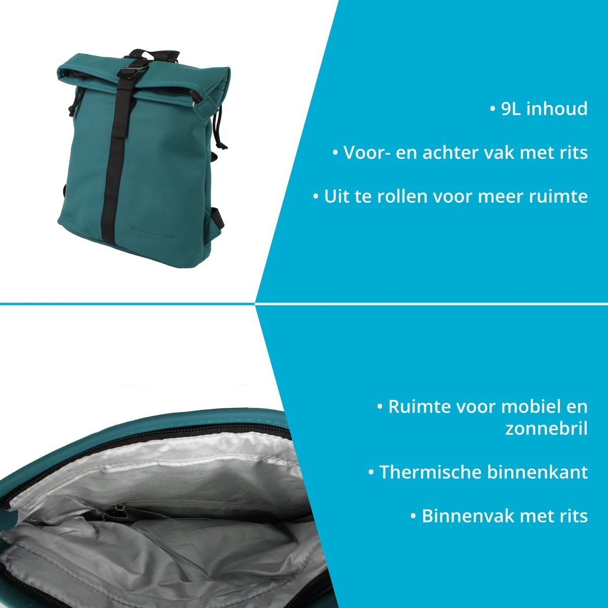 VanEnkhuizen Rolltop Rugzak 9 Liter - Waterafstotend En Thermo Materiaal - Turquoise 5 VanEnkhuizen Rolltop Rugzak 9 Liter - Waterafstotend En Thermo Materiaal - Turquoise - Afbeelding 3