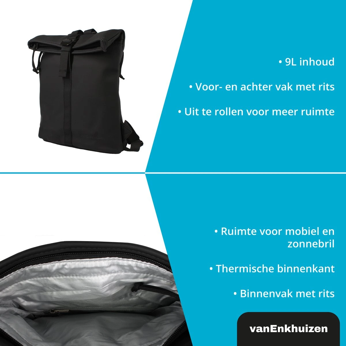 VanEnkhuizen Rolltop Rugzak 9 Liter - Waterafstotend En Thermo Materiaal - Zwart 5 VanEnkhuizen Rolltop Rugzak 9 Liter - Waterafstotend En Thermo Materiaal - Zwart - Afbeelding 3