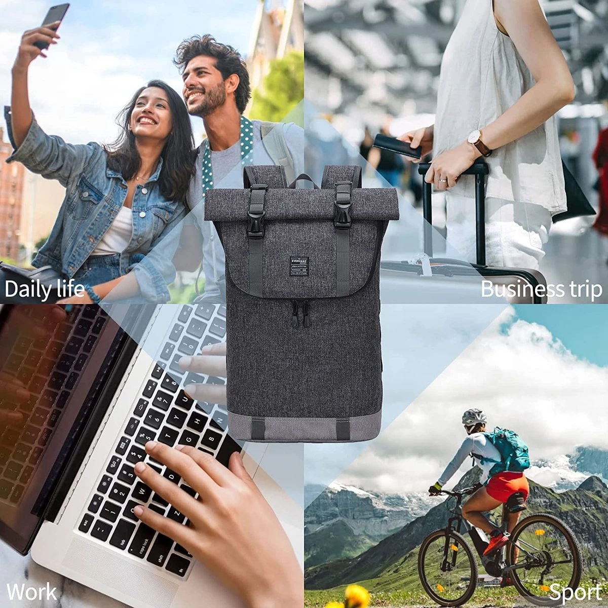 EverVanz Laptop Rugtas Vrouw & Man Roll Top Waterdicht Reizen Wandelen Rugzak Lichtgewicht Casual Dagrugzak Stijlvol Schooltas 8 EverVanz Laptop Rugtas Vrouw & Man Roll Top Waterdicht Reizen Wandelen Rugzak Lichtgewicht Casual Dagrugzak Stijlvol Schooltas - Afbeelding 6