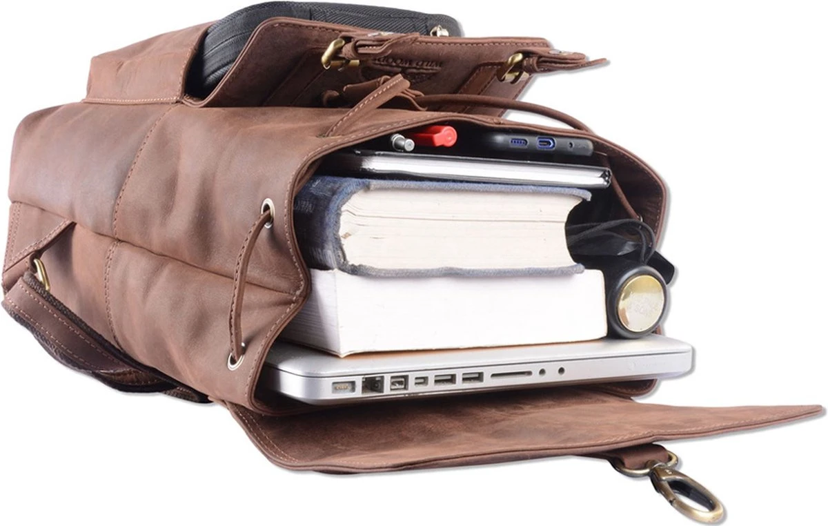 WILD WOODS Leren Unisex Rugzak Met Voorvak - Dames En Heren - Wandel Rugtas - Buffelleer - Vintage Donkerbruin 6 WILD WOODS Leren Unisex Rugzak Met Voorvak - Dames En Heren - Wandel Rugtas - Buffelleer - Vintage Donkerbruin - Afbeelding 4