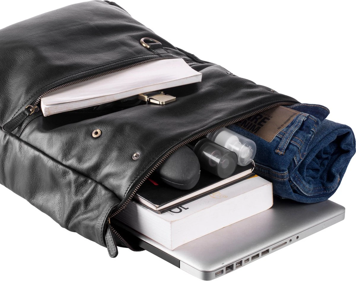 WILD WOODS Leren 15 Inch Laptop Rugtas Met Kliksluiting - 15,6 Inch - Ruime Laptop Rugzak - Dames En Heren - Rundleer - Zwart 6 WILD WOODS Leren 15 Inch Laptop Rugtas Met Kliksluiting - 15,6 Inch - Ruime Laptop Rugzak - Dames En Heren - Rundleer - Zwart - Afbeelding 4