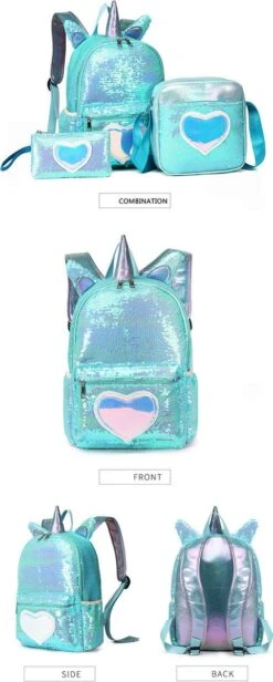 Eenhoorn Schooltas - Rugzak - Unicorn Rugtas 42 X 30 X 14 Cm- Kinderrugzak - Sequin- Luxe Giftset - Pailletten - Inclusief Tas + Etui - Turquoise - Voor Al Je Speelgoed En Schoolspullen -Tas Kortingswinkel 481x1200