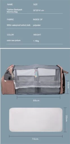Merkloos Tas Voor Moeders En Vaders Met Uitklapbaar Baby Bedje - Draagbare Box - Rugzak Moeder - Roze - Met Veel Handige Opberg Vakken En USB Oplader - Klamboe - Mummy Bag - Verstelbaar -Tas Kortingswinkel 588x1200 1