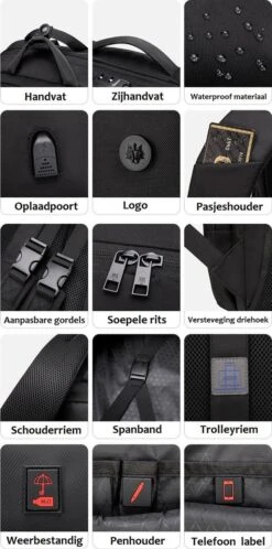 Golden Wolf Rugzak Anti-diefstal / Rugtas / Reistas / Weekendtas / Schooltas / 46x31x18(of 27)cm (25 Of 37l)/ Laptop 17 Inch / USB -oplaadpoort / Zwart / Waterfles -Tas Kortingswinkel 595x1200