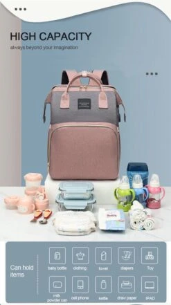 Merkloos Tas Voor Moeders En Vaders Met Uitklapbaar Baby Bedje - Draagbare Box - Rugzak Moeder - Roze - Met Veel Handige Opberg Vakken En USB Oplader - Klamboe - Mummy Bag - Verstelbaar -Tas Kortingswinkel 672x1200 2