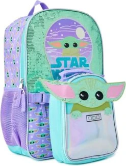 Disney Star Wars - Baby Yoda - Rugtas - Rugzak - Backpack - Paars - Groen - The Mandalorian - Inclusief Lunchtas - Afneembaar - Tweedelig - Glitter - Glamour - Pailletten - Eyecatcher - Back To School - Kinderen - Meisjes - Cadeau