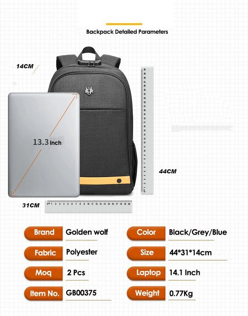 Golden Wolf Rugzak - Rugtas - Laptoptas - Motortas - Antraciet - Smartlock 10 Golden Wolf Rugzak - Rugtas - Laptoptas - Motortas - Antraciet - Smartlock - Afbeelding 8